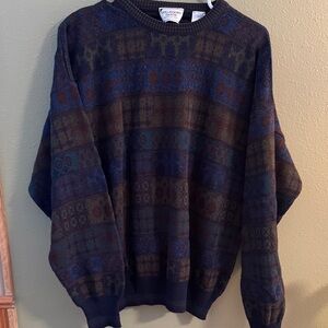Vintage Patterned Crewneck Sweater in Blue and Brown